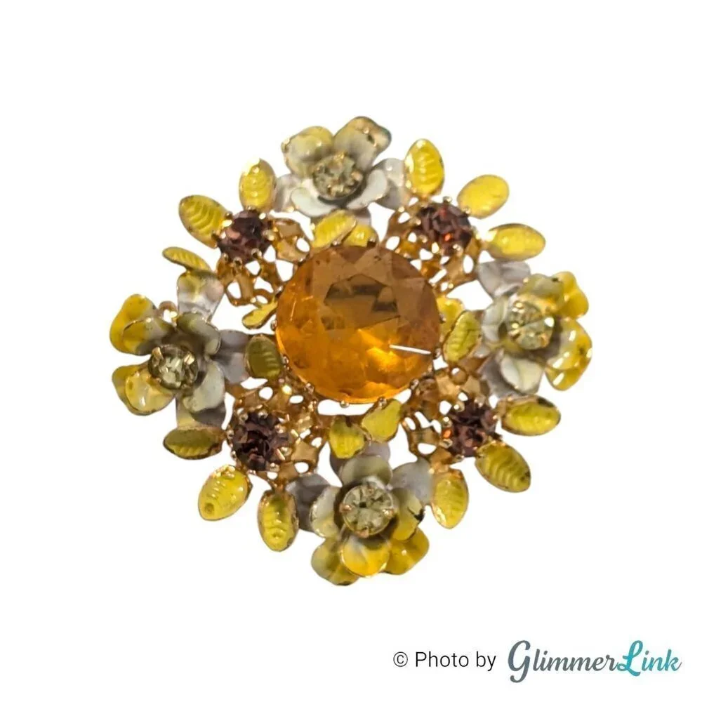 Vintage Austria Floral Yellow Enamel Orange Topaz Glass Crystal Gold Tone Brooch